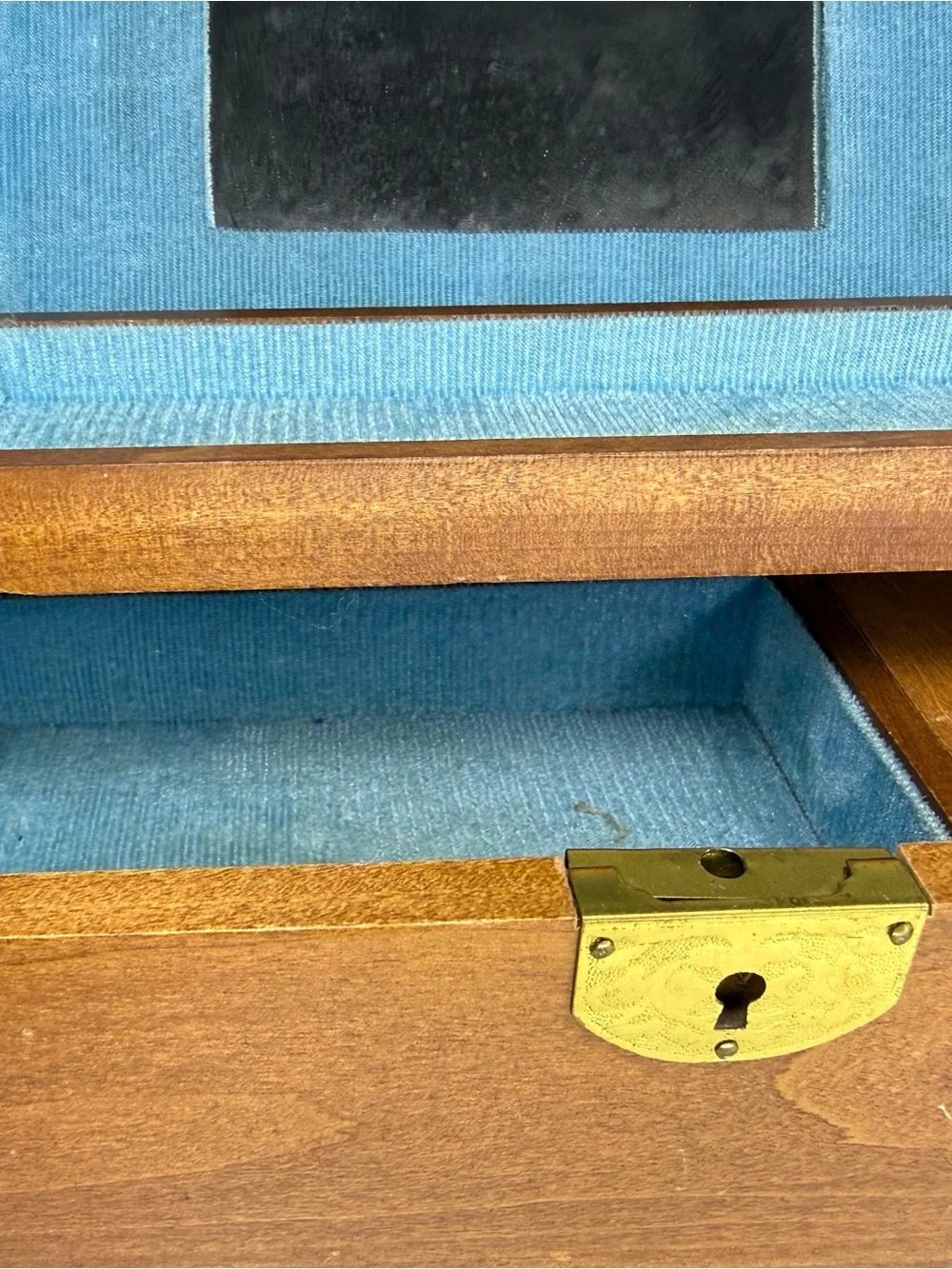 Vintage MCM Wooden Jewelry Music Box WORKS! Japan Mirror Blue Velvet Box